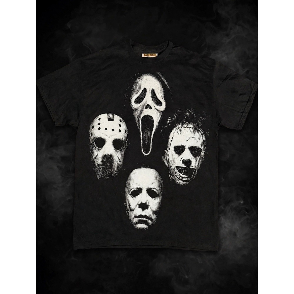 Mens Black Halloween Horror Mask Faces Graphic Print Crew Neck T-Shirt XL
